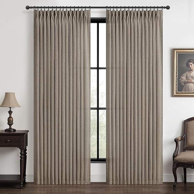 Extra Long Dark Flax Semi Sheer 60 Inch Wide Curtains 108 Inches for Bedroom, Memory Trained Pinch Pleated Natural Linen Neutral Curtain Light Filtering Brown Windows Drapes 2 Panels Set 9FT Length