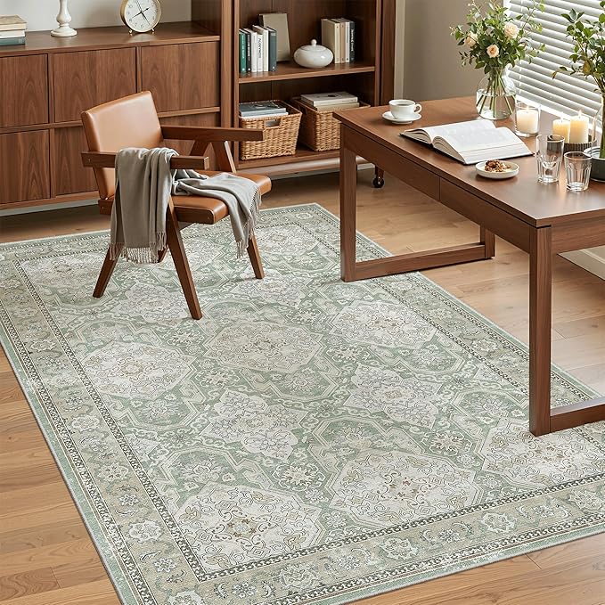 Soalmost 4x6 Area Rugs for Living Room, Vintage Washable Rugs for Dining Room, Bedroom, Home Office Decor, Non-Slip Green/Brown Carpet Thin Rug