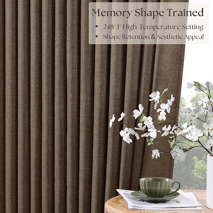 Latte 96 Inch Pinch Pleated Blackout Linen Curtains for Bedroom Living Room 2 Panels Set Memory Trained 100% Black Out Soundproof Room Darkening Window Curtains Double Layer Pinch Pleat Drapes