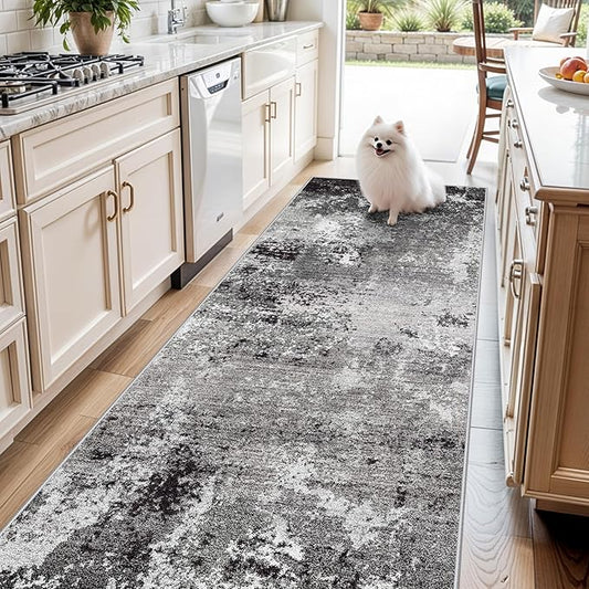 4x10 ft Extra Wide Hallway Rug – Non-Slip Washable Large Carpet Runner for Kitchen, Indoor Entryway, Modern Abstract Low-Pile Thin Floor Mat for Bedroom, Living Room, Dining Room (Black Grey,4x10)