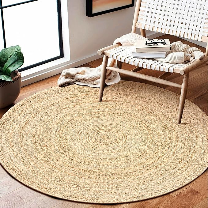 Jute Braided Area Rug, Natural - 4 Feet Round, Boho Neutral Rattan Circle Hand Woven Rugs for Living Room, Bedroom, Nursery, Kitchen, Indoor Use | Farmhouse Rustic Patio Floor Mat for Home Décor