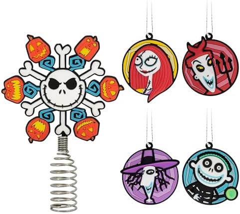 Hallmark Disney Tim Burton's Nightmare Before Christmas 5" Miniature Christmas Tree Topper and Mini Ornaments, Set of 5, Shatterproof by Hallmark