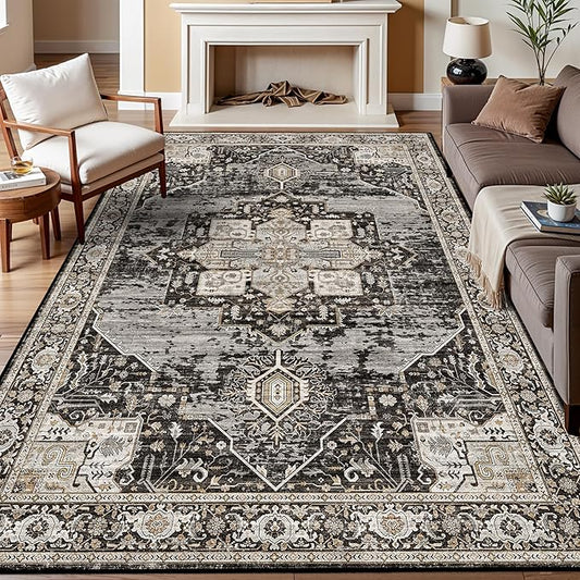 RUUGME 7x9 Area Rug Washable - Living Room Area Rugs with Non Slip Backing Stain Resistant Carpet Indoor Soft Carpets Distressed Decoration Mat for Bedroom Dining Room 7x9 Black