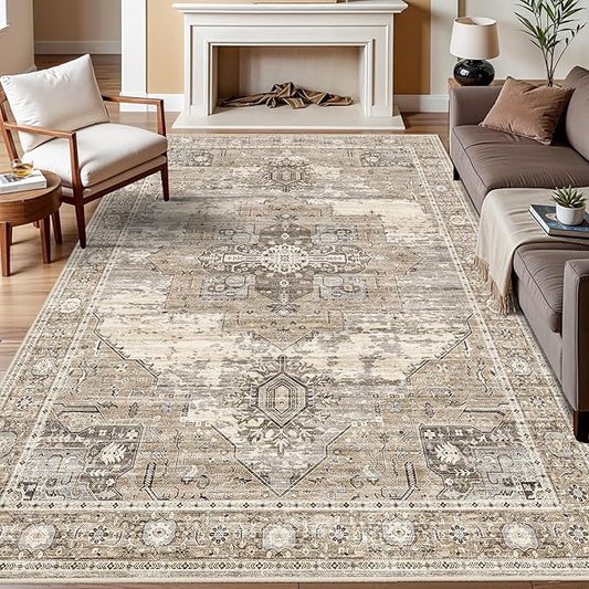 RUUGME Washable 7x9 Area Rug - Vintage Area Rugs with Non Slip Backing Stain Resistant Carpet for Bedroom Dining Room Indoor Soft Carpets Home Decor Decoration Mat 7x9 Beige