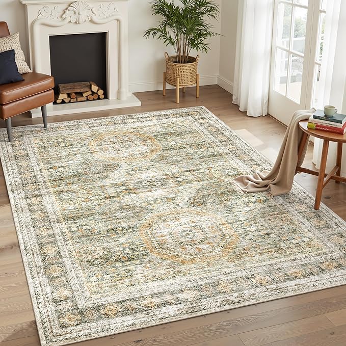 Soalmost 6x9 Area Rug for Living Room Washable 6x9 Non-Slip Modern Rugs for Bedroom Dinning Room Ultra-Thin Indoor Green Orange