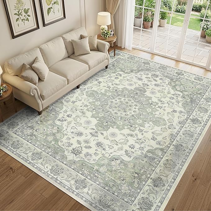 Green 8x10 Washable Large Area Rug, Non-Slip Soft Ultra-Thin Polyester Carpet with Vintage Vintage Stain Large Rug for Living Room, Bedroom, Dining Room & Open-Concept Spaces Oeko-TEX - Green