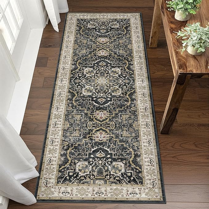 2x6 Washable Kitchen Runner Rug, Non Slip Vintage Runner Rugs for Hallway, Ultra-Thin Low Pile Distressed Kitchen Rugs Non Skid, Machine Washable Laundry Entryway Indoor Carpet,Black