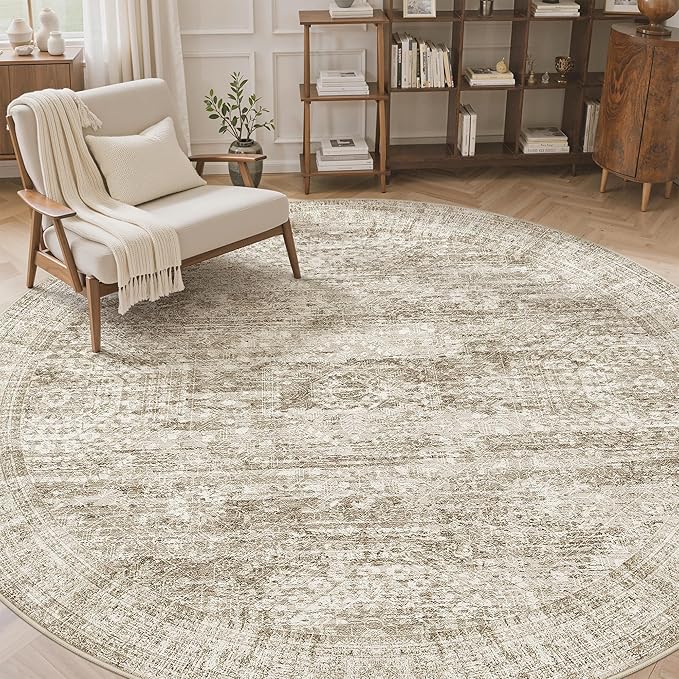 Soalmost 8x8 Brown Round Rug 8ft Living Room Circle Rug Vintage Round Area Rug Non Slip Indoor Carpet for Apartment