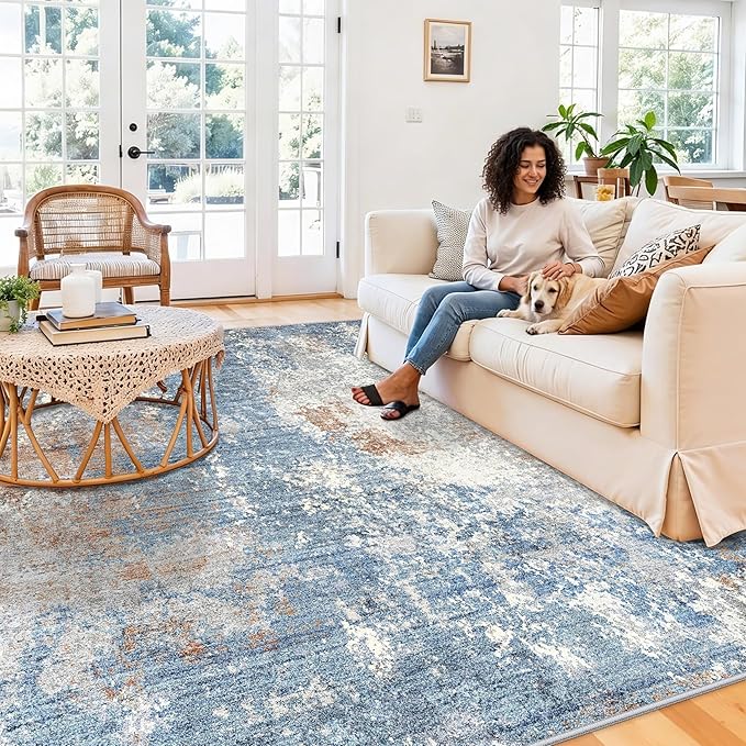10x10 ft Square Living Room Rug – Washable Modern Abstract Area Rug for Bedroom, Dining Room, Playroom – Neutral Non-Slip Low-Pile Thin Indoor Carpet (Blue Rust,10x10)