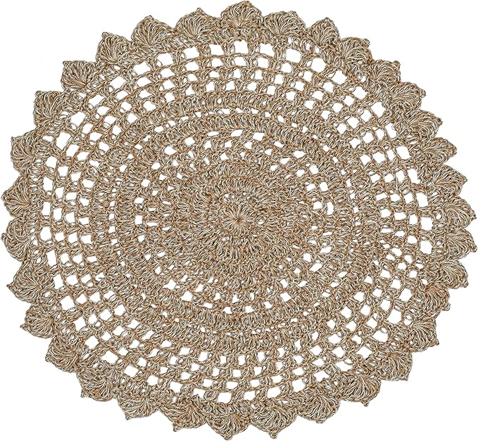 Jute Hand Crochet Rug, Natural/Spa Grey - 3 Feet Round, Non Slip Decorative Accent Floor Rugs for Entryway, Kitchen, Living Room, Nursery | Farmhouse Small Scalloped Rustic Door Mat for Patio Décor