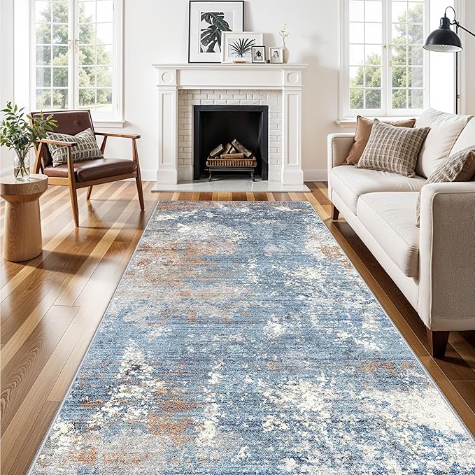 4x10 ft Extra Wide Hallway Rug – Non-Slip Washable Large Carpet Runner for Kitchen, Indoor Entryway, Modern Abstract Low-Pile Thin Floor Mat for Bedroom, Living Room, Dining Room (Blue Rust,4x10)