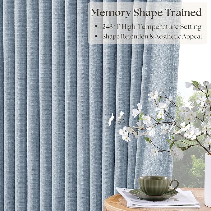 Light Blue Linen Blackout Pleated 105 Inch Curtains for Living Room Darkening Pinch Pleat 100% Black Out Drapes Thermal Insulated Soundproof 105 Inch Curtain with Liner for Dining Kids Girls Bedroom