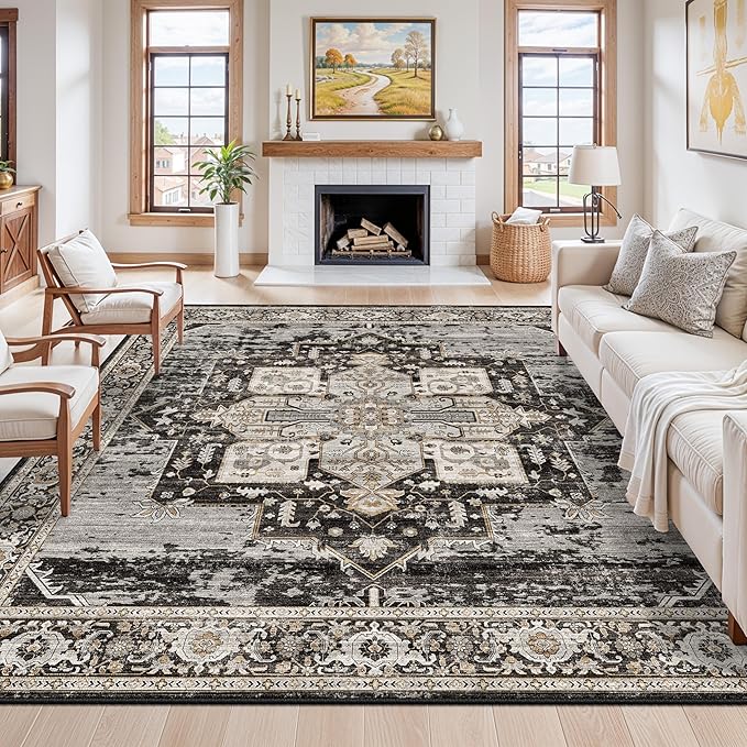 Living Room Area Rug 10' Square,Large Washable Area Rugs with Non Slip Backing Stain Resistant Carpet Indoor Soft Foldable Carpets Distressed Decoration Mat for Bedroom Dining Room 10X10 Black