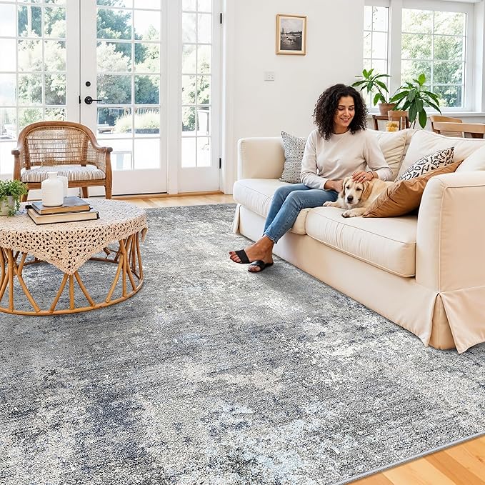 Washable Area Rug 9x12 Living Room – Neutral Modern Abstract Large Carpet for Bedroom Dining Room Office – Soft Non-Slip Low-Pile Thin Stain-Resistant Indoor Rugs （Blue Grey,9x12）