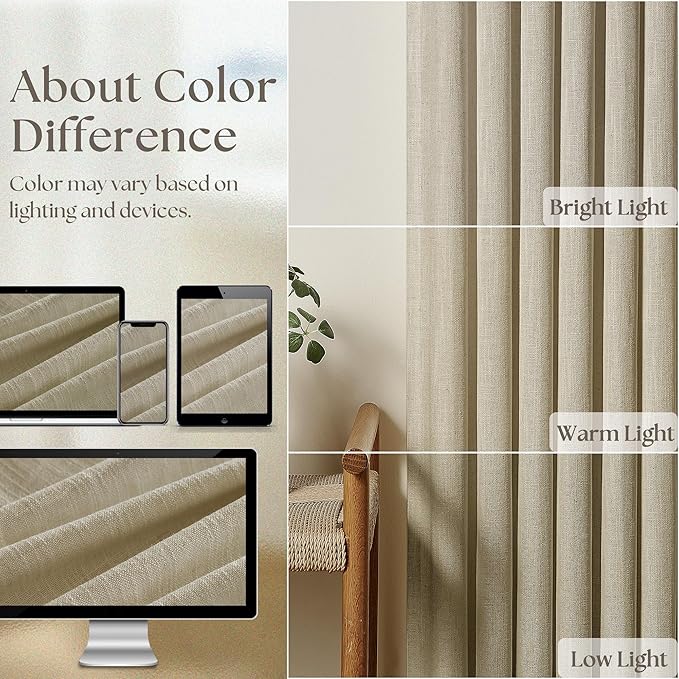 Farmhouse Pleated Linen Khaki Curtains 102 Inches Long 2 Panels Set for Living Room Bedroom Rustic Boho Cotton Linen Oatmeal Back Tab Memory Shape Pinch Pleat Ceiling Floor 102 Inch Window Curtain