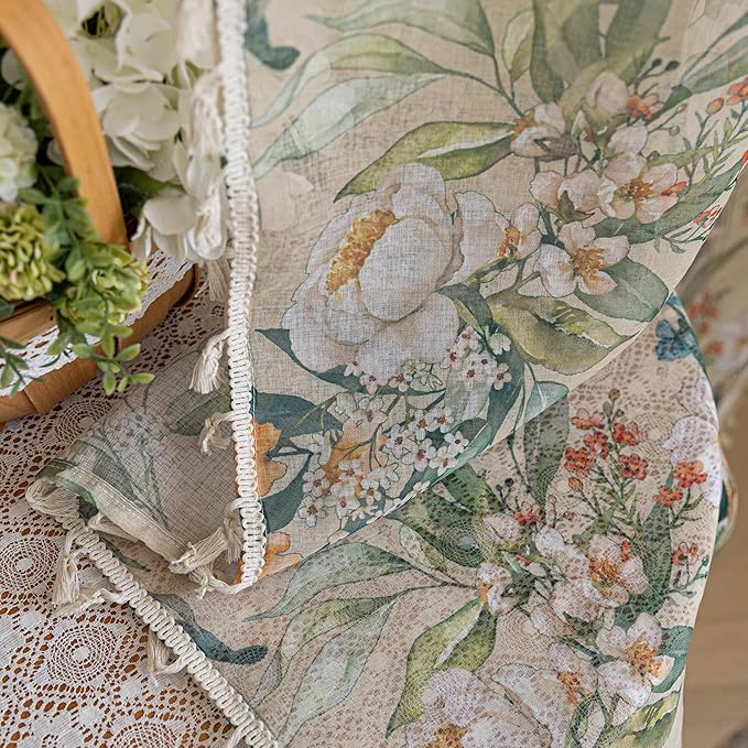 Floral Sheer Curtains 72 inch Long, Fringed Edges and Textured Semi Sheer Curtains Large Window Treatments for Living Room/Bedroom, 2 Panels