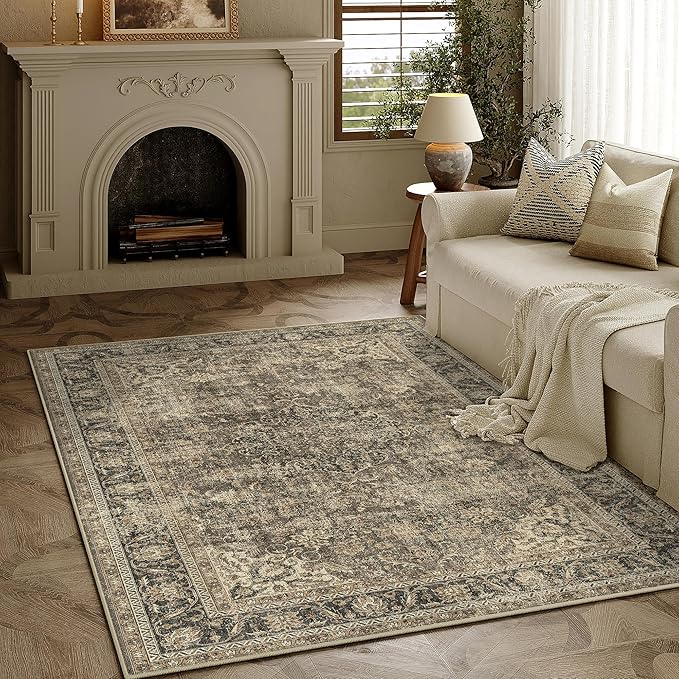3x4 Washable Area Rug Brown Vintage Non Slip Soft Low Pile Rug for Entryway Kitchen Bathroom Distressed Oriental Throw Carpet for Living Room Bedroom Home Decor