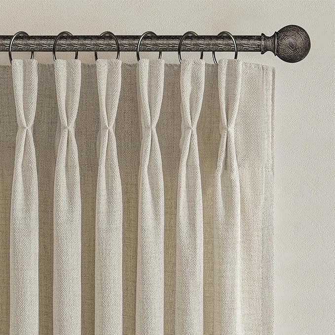 Floor to Ceiling Light Flax Linen Curtains 120 Inches Long 2 Panels Set for Patio Sliding Door 2 Panels Set, Elegant Memory Shape Pinch Pleated Warm Beige Sheer Curtain Light Filtering for Dining Room