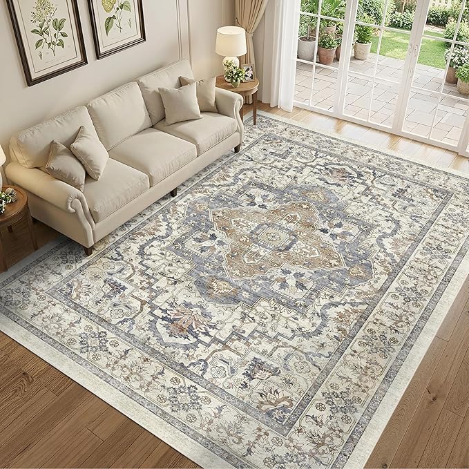 Beige 8x10 Washable Large Area Rug, Non-Slip Soft Ultra-Thin Polyester Carpet with Vintage Vintage Stain Large Rug for Living Room, Bedroom, Dining Room & Open-Concept Spaces Oeko-TEX - Beige/Blue