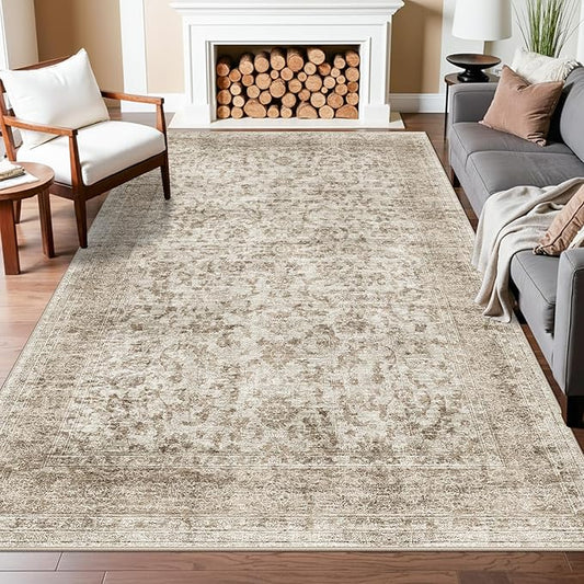 Washable Rugs 7x9 Area Rugs for Living Room - Oriental Rugs Non Slip&Non-Shedding Vintage Carpets Ultra-Soft Stain Resistant Print Rug Indoor for Home Office Decor 7x9 Beige Brown