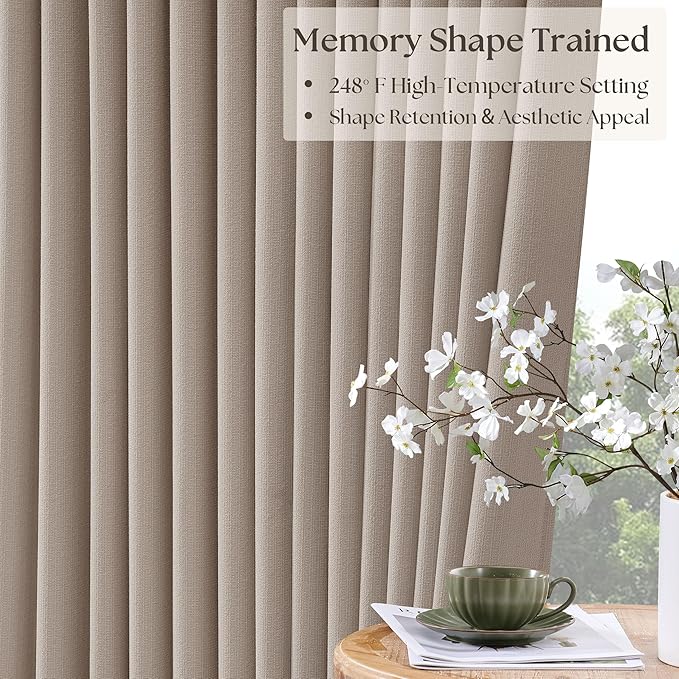 Burlywood Birch Linen Pinch Pleated Blackout Curtains 84 Inches Long for Bedroom Living Room Darkening 100% Black Out Pinch Pleat Drapes with Liner Farmhouse Neutral 84 Inch Curtain for Dining Room
