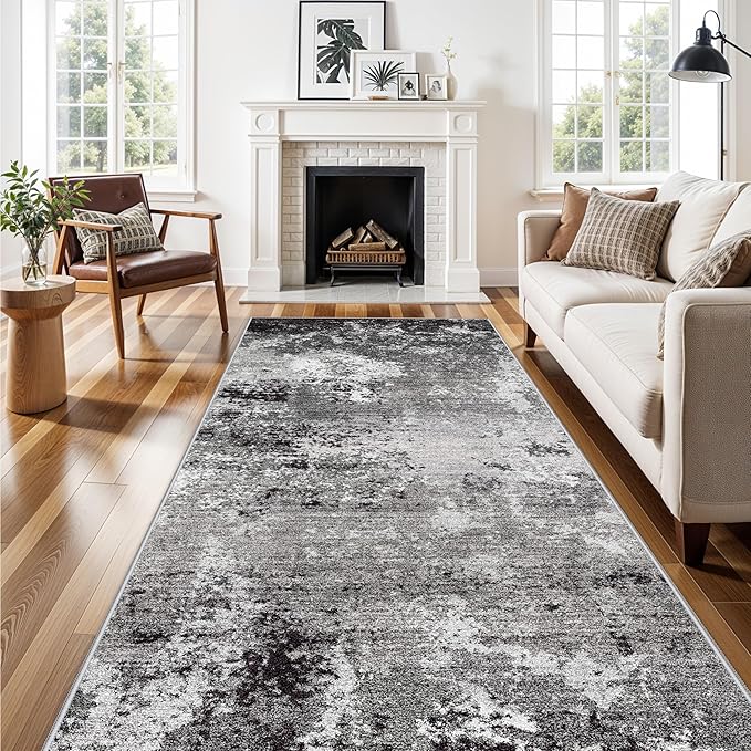 4x10 ft Extra Wide Hallway Rug – Non-Slip Washable Large Carpet Runner for Kitchen, Indoor Entryway, Modern Abstract Low-Pile Thin Floor Mat for Bedroom, Living Room, Dining Room (Black Grey,4x10)