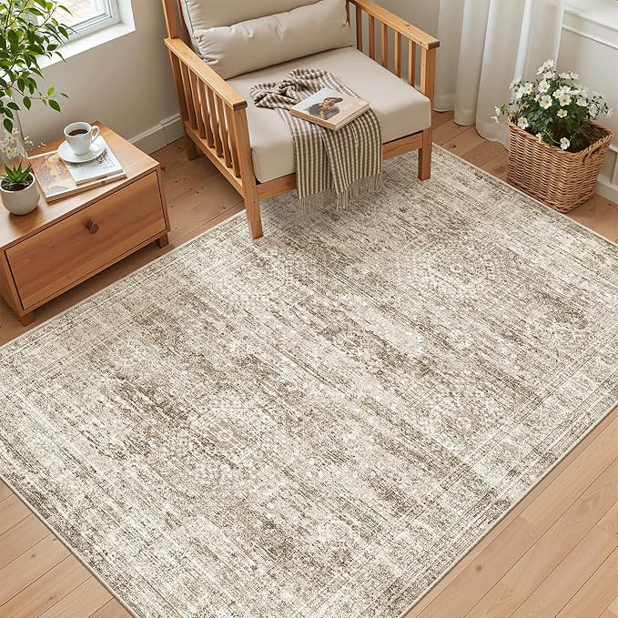 Soalmost Area Rugs 4x6 for Living Room, Vintage Washable Rugs for Dining Room, Kitchen, Non-Slip Area Rug Brown