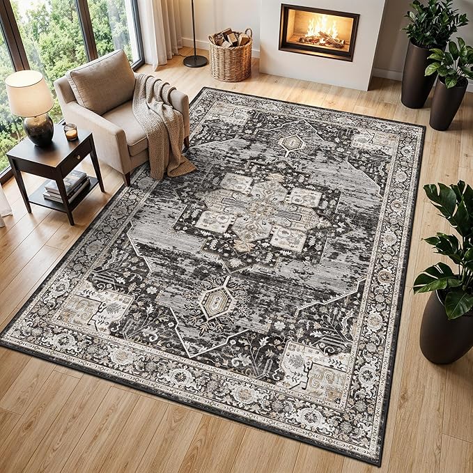 RUUGME Living Room 8x11 Area Rugs, Washable Non-Slip Low Pile Soft Rugs,Boho Distressed Indoor Carpet for Bedroom Dining Room Playroom Home Office 8x11 Black