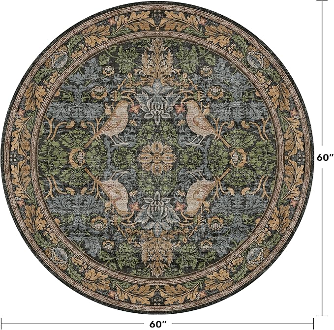 Hazo Haus Vintage 5ft Round Rug for Reading Corner, Bedroom, Farmhouse Dining Room, Soft Ultra-Thin Non-Slip Washable Rug, Forest Green Bird Floral Décor for Kitchen & Nursery