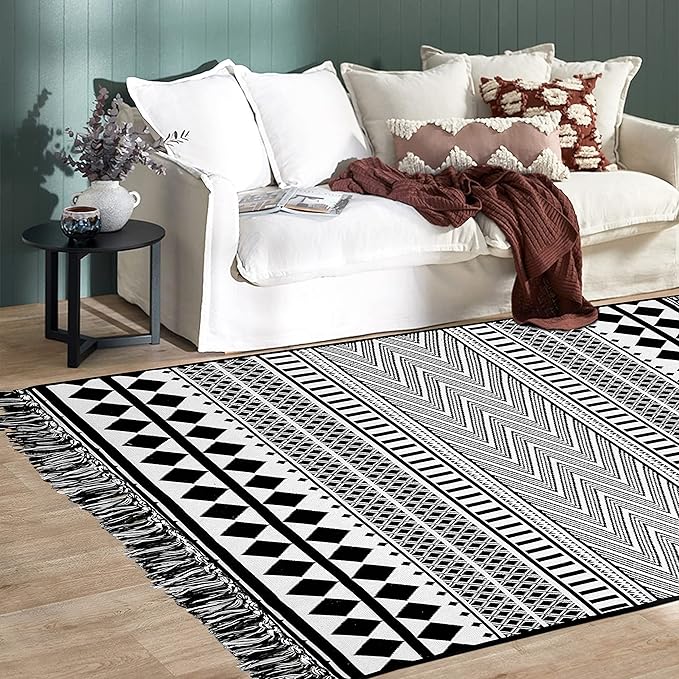 IOHOUZE Black Boho Area Rug - 4'x6' Cotton Woven Indoor Outdoor Doormat, Black White Runners for Hallways, Machine Washable Runner Rug for Kitchen Bedroom Living Room Laundry Entryway