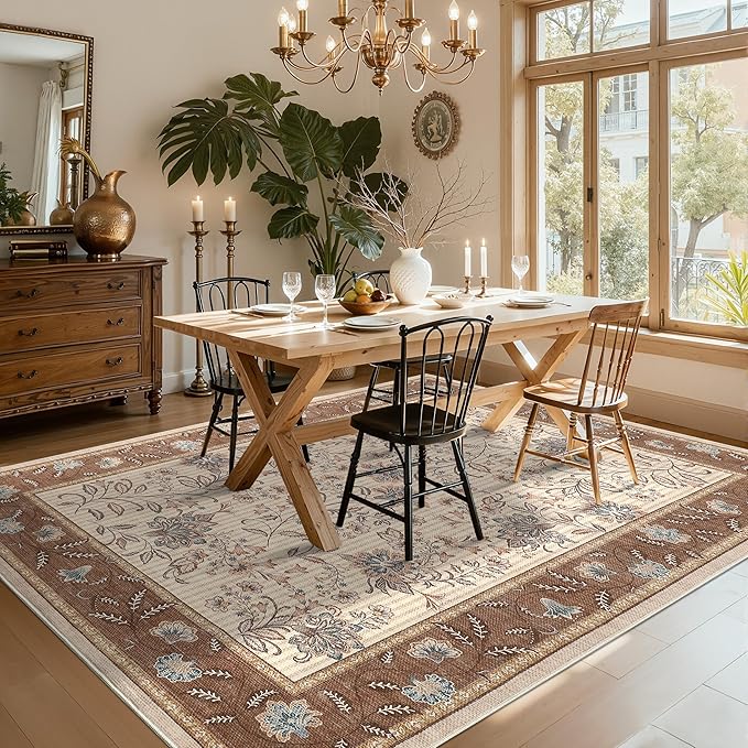 GarveeHome Large Area Rugs 9x12 for Living Room, Brown Washable Rug Soft Non Slip Backing Country Mat Carpet Indoor Botanical Floral Rug for Bedroom Dining Room Playroom Nursery Room
