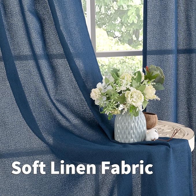 YoungsTex Navy Blue Linen Curtains 48 Inch Length, Short Light Filtering Semi Sheer Drapes with Bronze Grommet Privacy for Bathroom Living Room Window, 42 x 48 Inch, 2 Panels