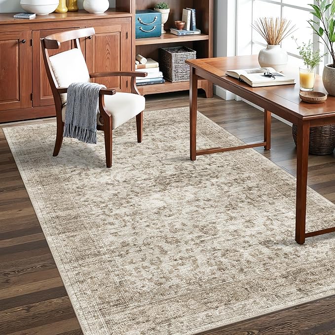 5X7 Area Rugs for Living Room, Washable Non Slip Vintage Rugs, Low Pile Soft rug for Dorm/Classroom/College Room Easy Clean & Stain Resistant Home Daily Use for College Students 5x7 Beige Brown