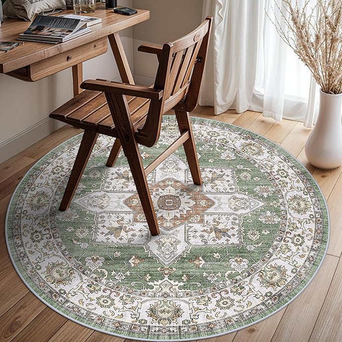 RUUGME Washable 4round Area Rugs - Boho Rugs for Living Room Stain Resistant Carpet Vintage Tribal Rugs for Bedroom Kitchen Bathroom with Non Slip Backing Home Decor Floor Decoration Mat 4ft Sage