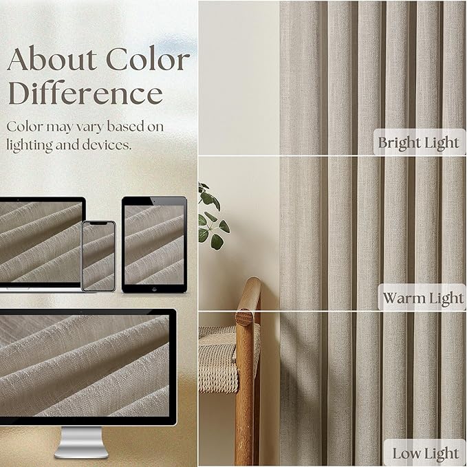 Burlywood Birch Pinch Pleated Linen Curtains 105 Inches Long for Living Room Bedroom 2 Panels Set Greyish Beige Flax Double Pleated Drapes Back Tab Farmhouse Ceiling Floor 105 Inch Window Curtains