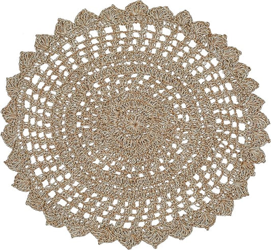 Jute Hand Crochet Rug, Natural/Spa Grey - 3 Feet Round, Non Slip Decorative Accent Floor Rugs for Entryway, Kitchen, Living Room, Nursery | Farmhouse Small Scalloped Rustic Door Mat for Patio Décor