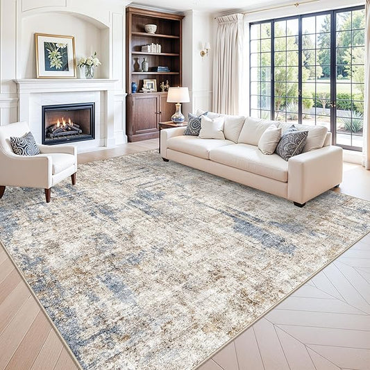 12x12ft Square Living Room Rug – Non-Slip Washable Extra Large Floor Carpet for Bedroom, Dining Room, Playroom Room – Modern Abstract Neutral Thin Low-Pile Big Indoor Rug (Blue Brown)