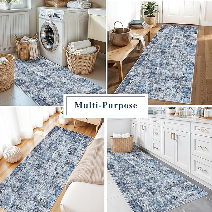 3x7 Washable Non-Slip Kitchen Runner Rug – Modern Abstract Neutral Beige & Gray Carpet for Hallway, Entryway, Bedroom, Laundry Room – Low-Pile Thin Wide Floor Runner with Rubber Backing（Blue）