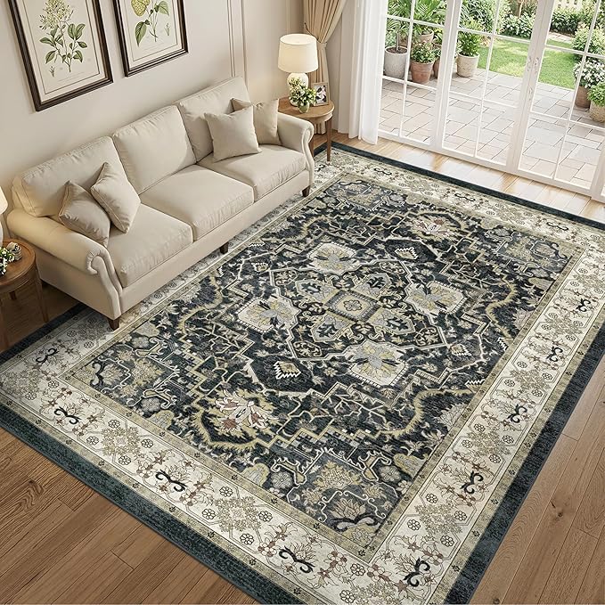 Black 8x10 Washable Large Area Rug, Non-Slip Soft Ultra-Thin Polyester Carpet with Vintage Vintage Stain Large Rug for Living Room, Bedroom, Dining Room & Open-Concept Spaces Oeko-TEX - Black