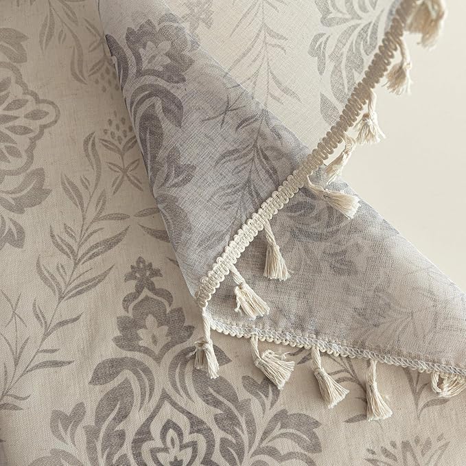Khaki Geometric Sheer Curtains 84 inch Long, Fringed Edges and Textured Semi Sheer Curtains Large Window Treatments for Living Room/Bedroom, 2 Panels