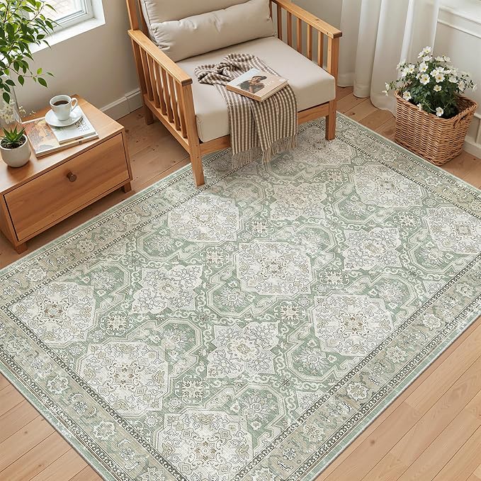 Soalmost 4x6 Area Rugs for Living Room, Vintage Washable Rugs for Dining Room, Bedroom, Home Office Decor, Non-Slip Green/Brown Carpet Thin Rug
