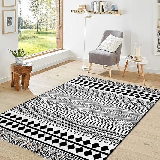 IOHOUZE Black Boho Area Rug - 4'x6' Cotton Woven Indoor Outdoor Doormat, Black White Runners for Hallways, Machine Washable Runner Rug for Kitchen Bedroom Living Room Laundry Entryway