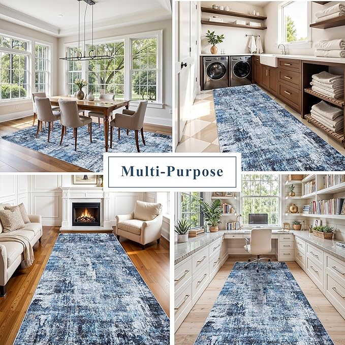 4x10 ft Extra Wide Hallway Rug – Non-Slip Washable Rubber-Backed Large Carpet Runner for Kitchen, Entryway | Modern Abstract, Low-Pile Thin Floor Mat for Bedroom Living Room Dining Room（Navy Blue）
