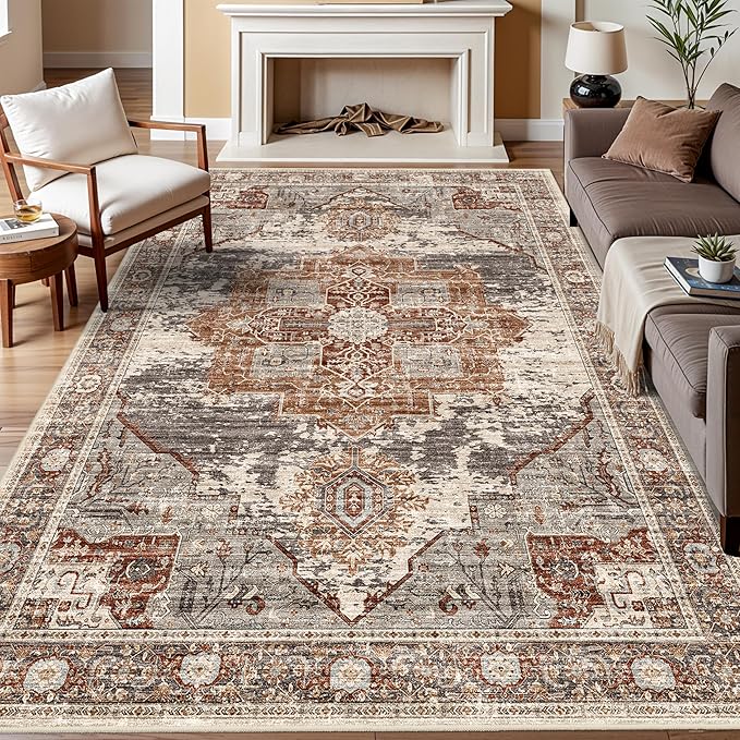Living Room 7x9 Area Rug - Washable Area Rugs with Non Slip Backing Stain Resistant Carpet for Bedroom Vintage Rugs Indoor Ultra-Thin Carpets Home Decor Decoration Mat 7x9 Brick