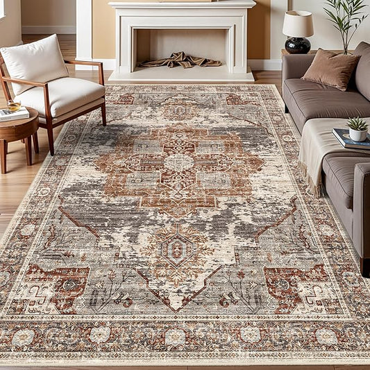 Living Room 7x9 Area Rug - Washable Area Rugs with Non Slip Backing Stain Resistant Carpet for Bedroom Vintage Rugs Indoor Ultra-Thin Carpets Home Decor Decoration Mat 7x9 Brick