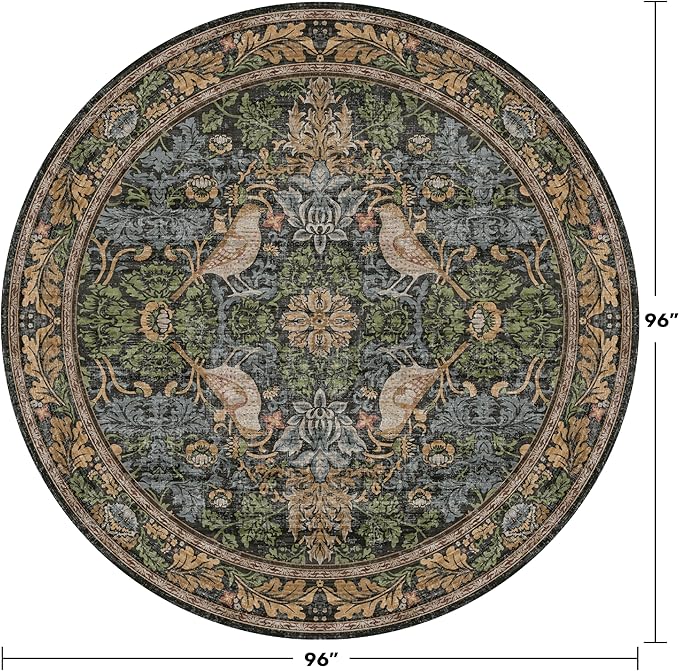 Washable Boho Round Rugs 8ft for Living Room, Ultra Soft Forest Large Circular Area Rugs for Bedroom, Dining Room Under Kitchen Table Non-Slip, Vintage Green Floral Round Floor Carpet Décor