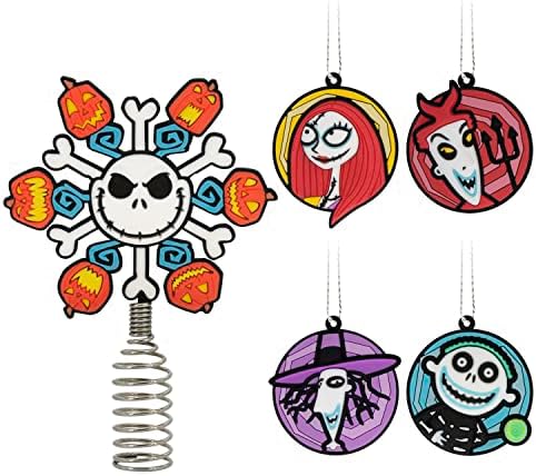 Hallmark Disney Tim Burton's The Nightmare Before Christmas 5" Miniature Christmas Tree Topper and 1.7" Mini Ornaments, Set of 5, Shatterproof by Hallmark